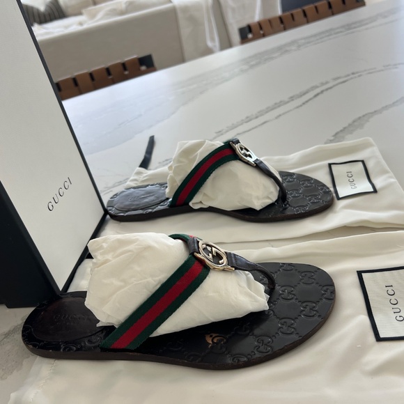 Gucci  Women’s Lifford Flip-flop- leather/nylon Web Slides Sz 38 - Picture 12 of 12